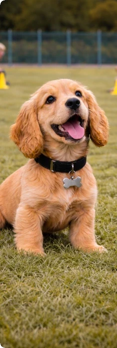 Chiot assis sur un terrain d’éducation, attentif et détendu pendant un cours collectif